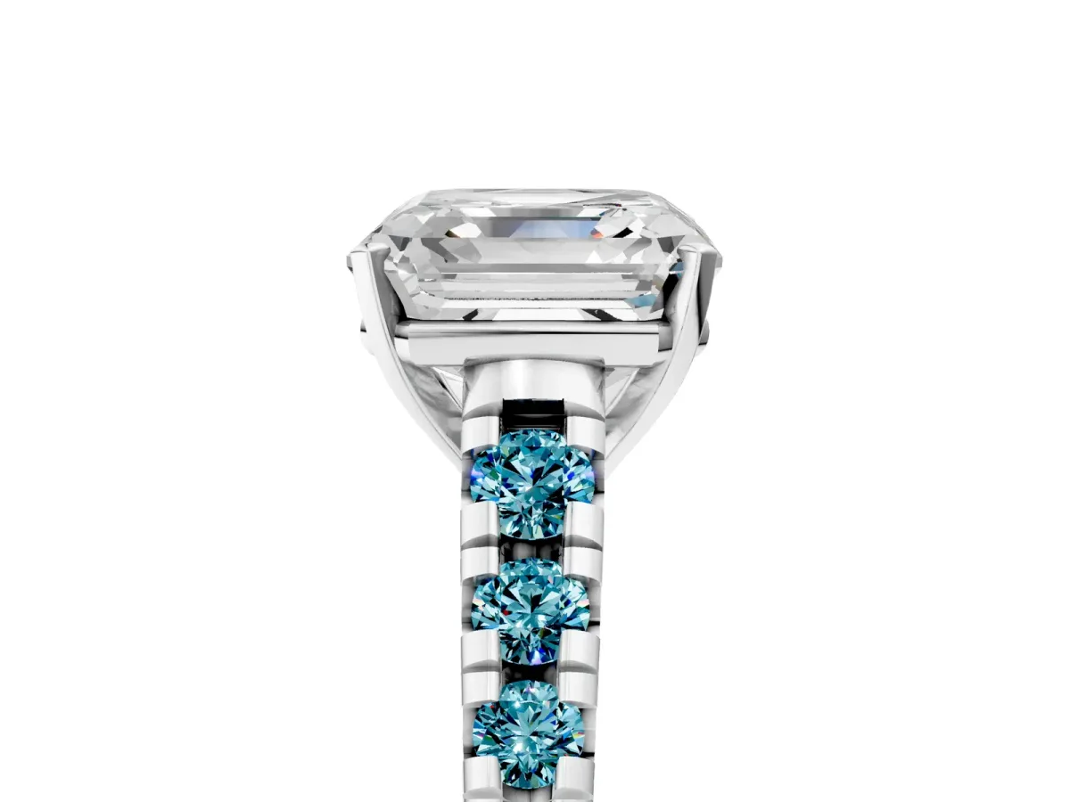 Asscher Cut Diamond Cathedral Solitaire Ring with Round Blue Topaz Pavé Band Silver