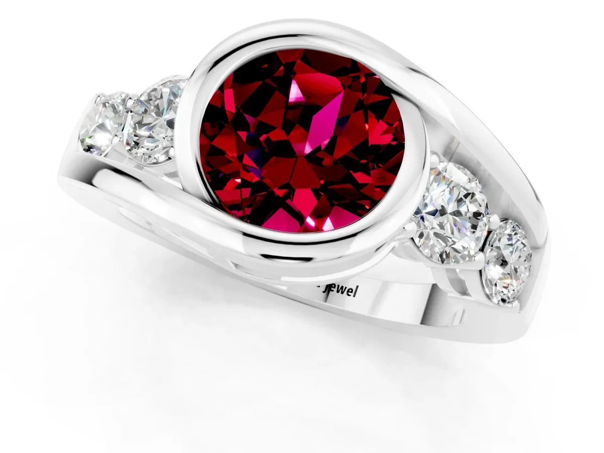 Bezel Set Round Cut Garnet Bypass Ring with Round Accents Platinum