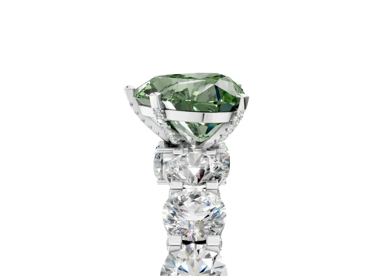Fancy Green Heart Cut Diamond Side Stone Engagement Ring with Four-Prong Setting White gold