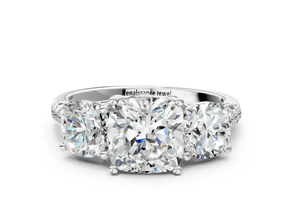Three-Stone Cushion Cut Diamond Ring with Round Moissanite Pavé Band and Prong Setting Silver