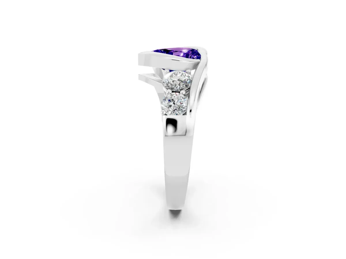 Bezel Set Heart Cut Tanzanite Bypass Ring with Round Accents Silver