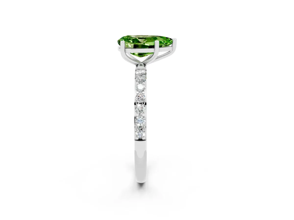 Pear Cut Peridot Solitaire Ring with Round Pavé Band and Prong Setting Platinum