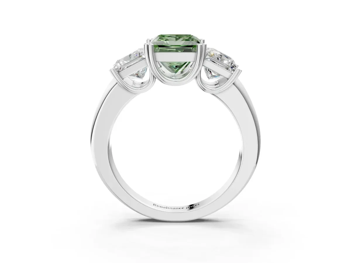 Fancy Green Three-Stone Princess Cut Cut Diamond Ring with Channel Set Band and Four-Prong Setting Silver