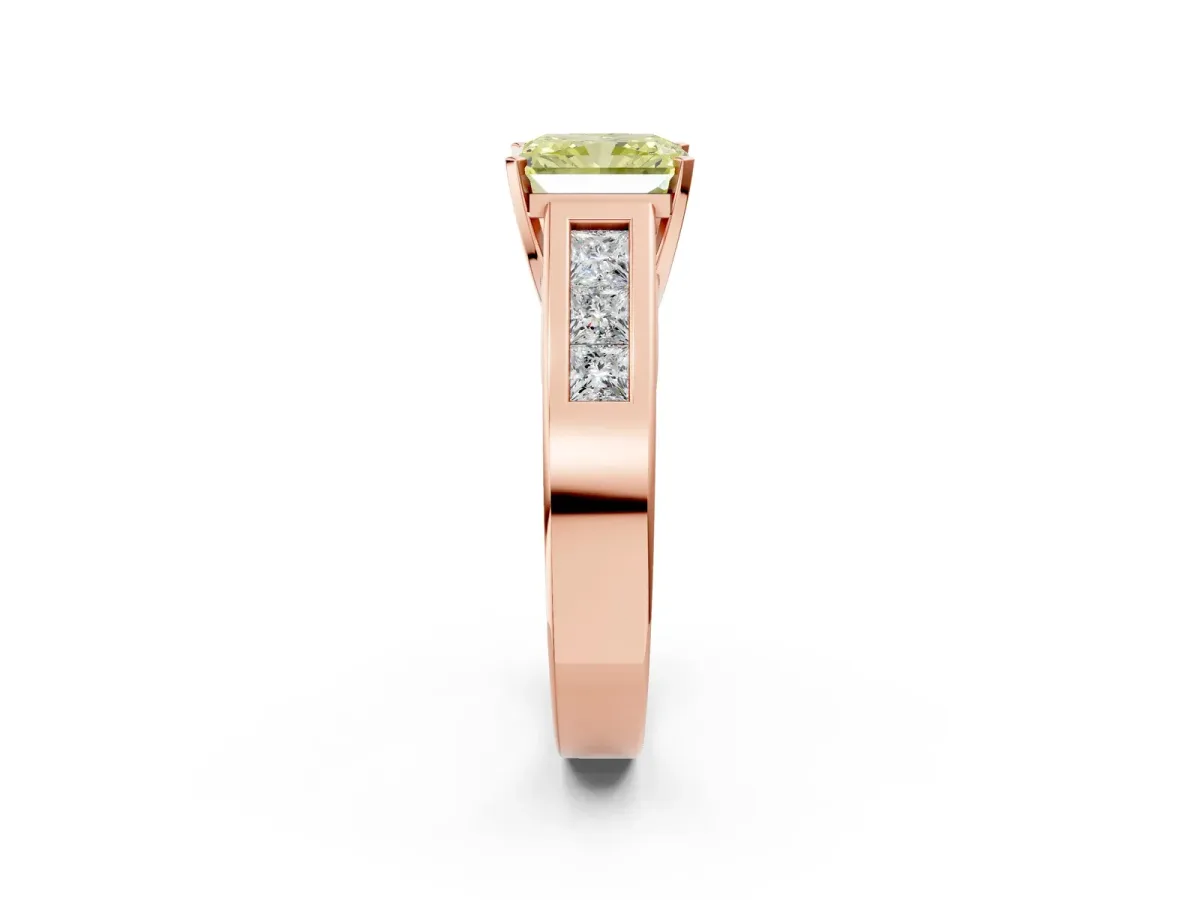Fancy Yellow Radiant Cut Cut Channel Set Solitaire Ring with Four-Prong Setting Rose gold