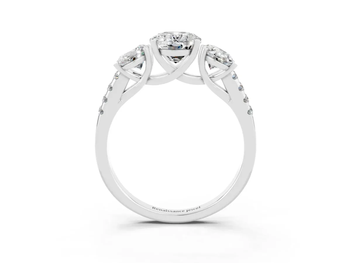 Three-Stone Oval Cut Moissanite Ring with Round Pavé Band and Prong Setting Silver