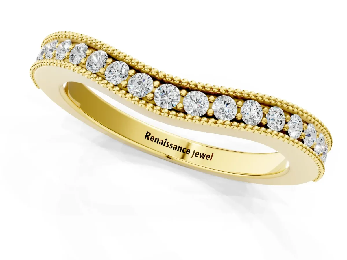 Round Brilliant Milgrain Bezel Set Diamond Wave Band Yellow gold
