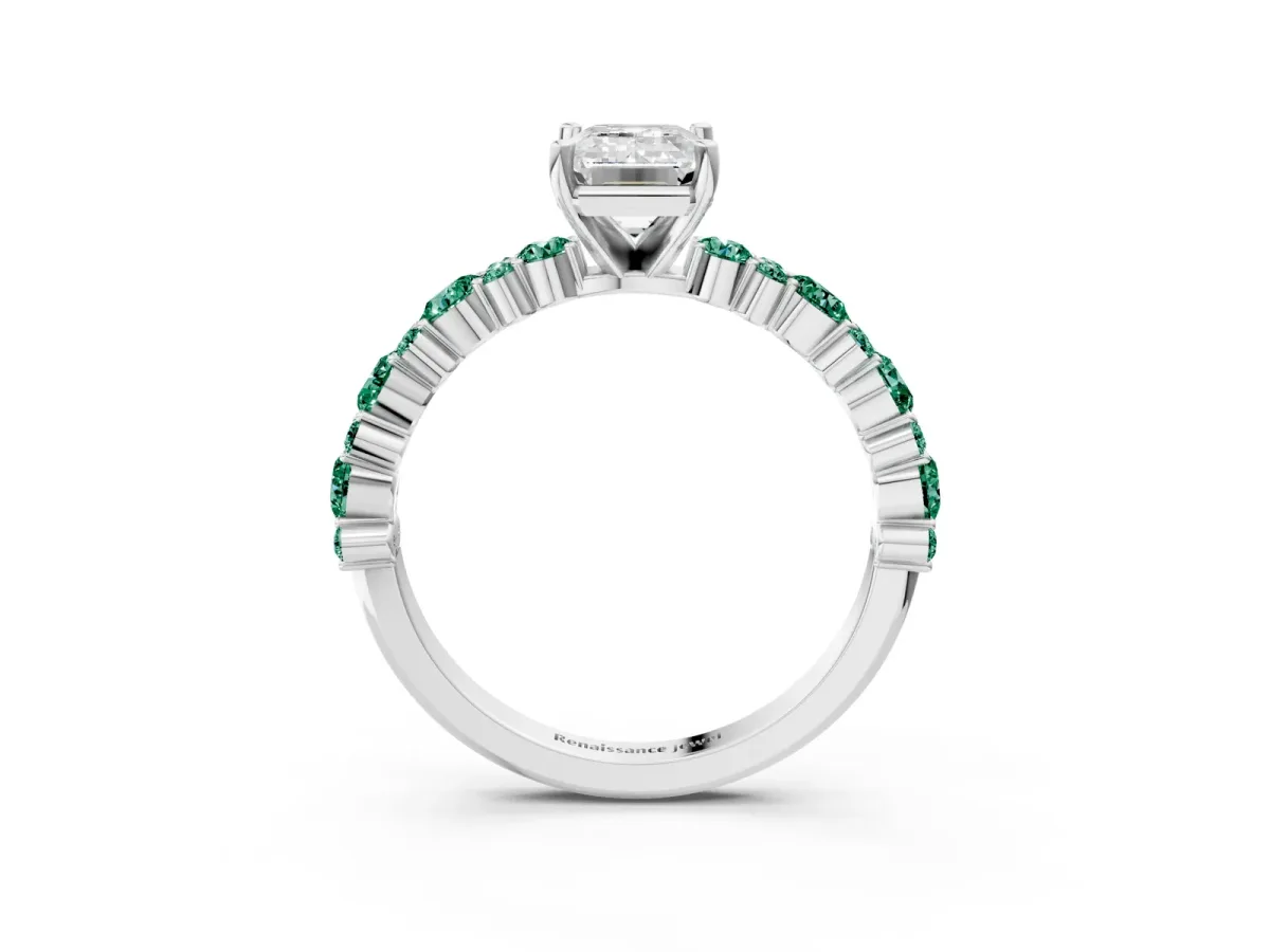 Emerald Cut Diamond Side Stone Solitaire Ring with Round Green Sapphire and Four-Prong Setting Platinum
