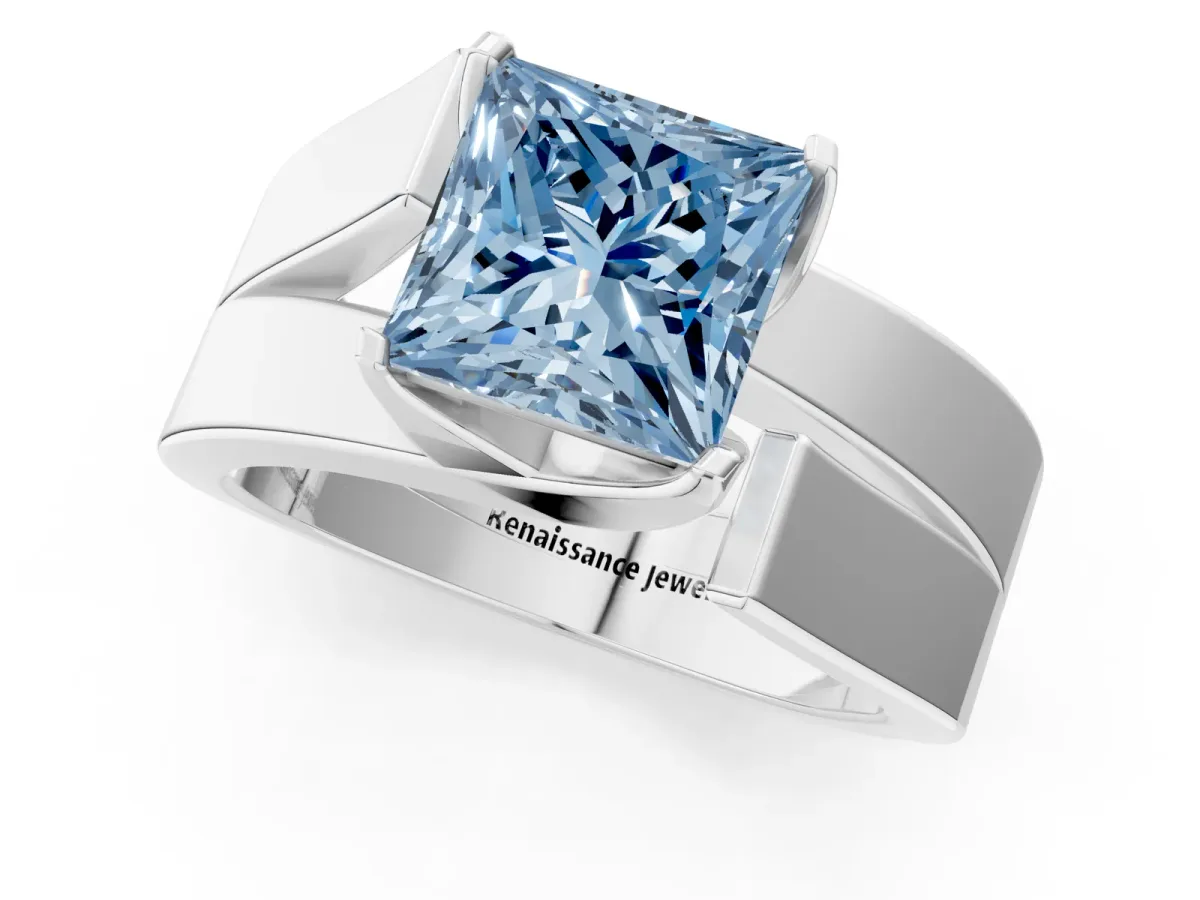 Fancy Blue Modern Tension Set Princess Cut Diamond Solitaire Wide Band Ring Silver