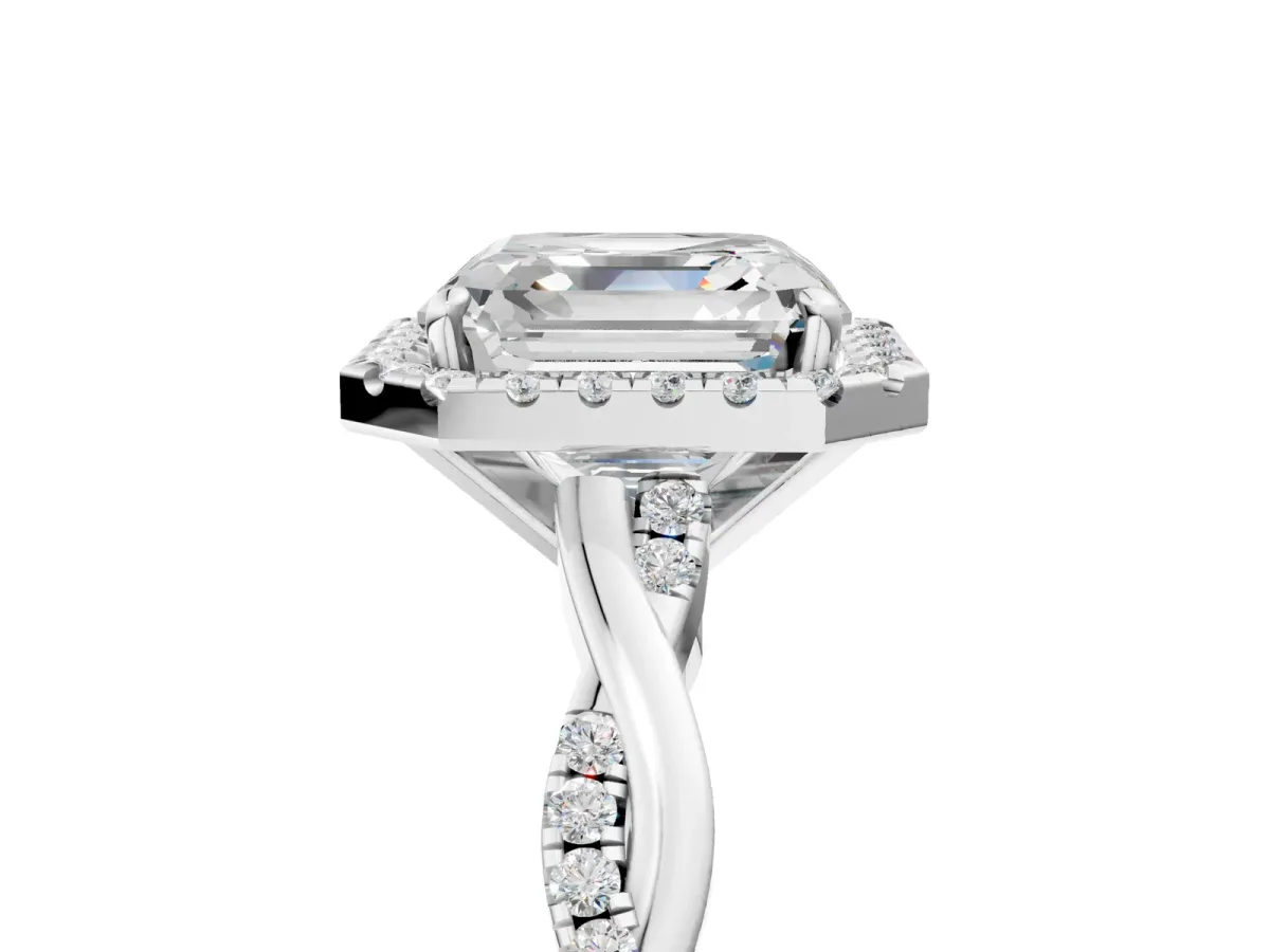 Asscher Cut Cut Halo Twisted Band Four-Prong Ring Platinum