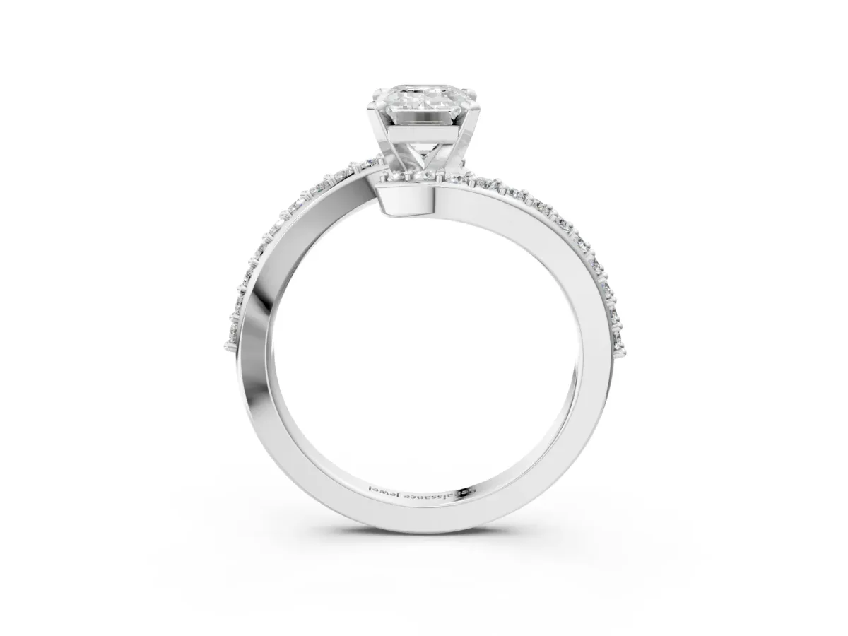 Emerald Cut Solitaire Twist Band with Pave Set Diamonds and Four-Prong Setting Platinum