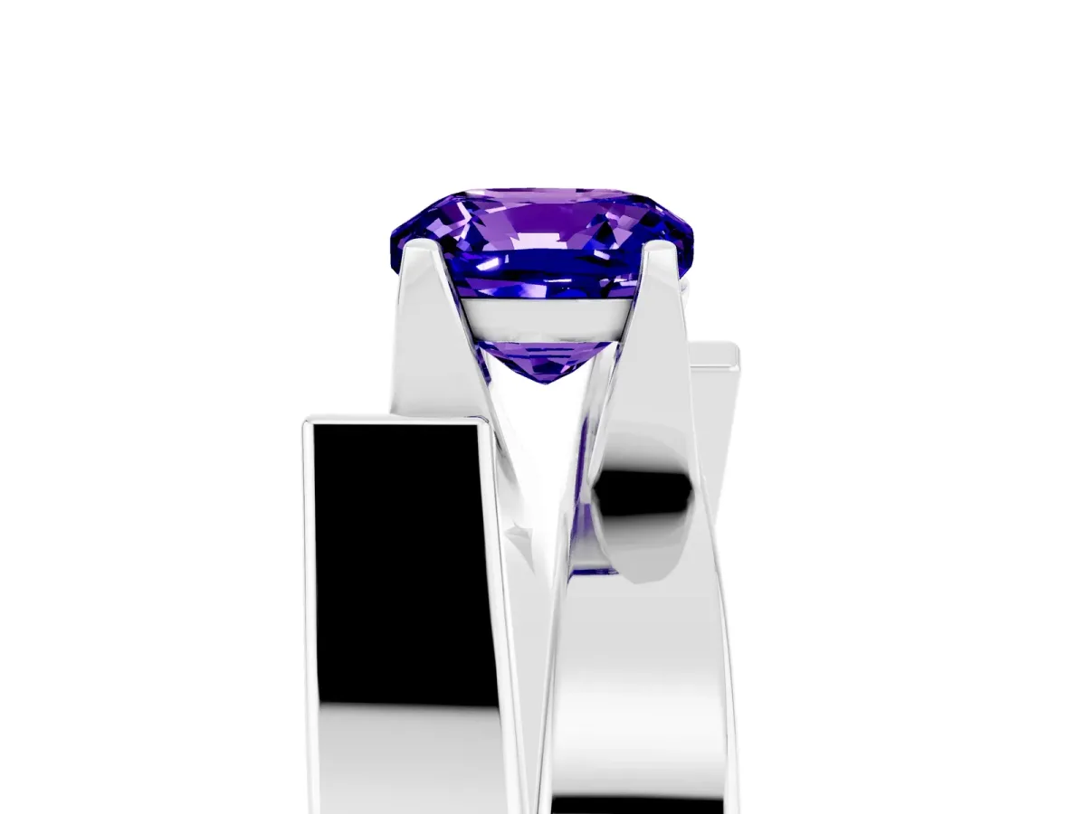 Modern Tension Set Cushion Cut Tanzanite Solitaire Wide Band Ring Silver