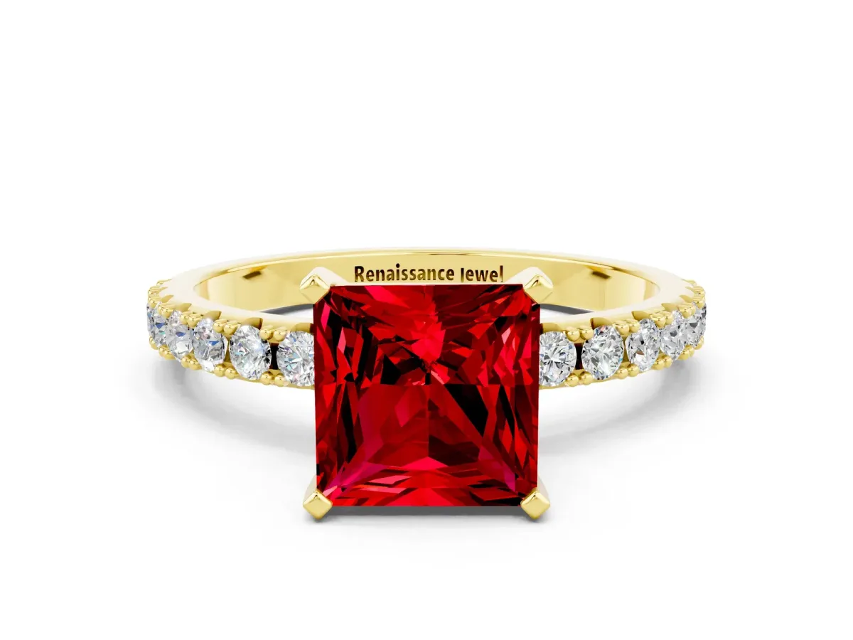 Princess Cut Ruby Solitaire Pavé Band with Four-Prong Setting Yellow gold