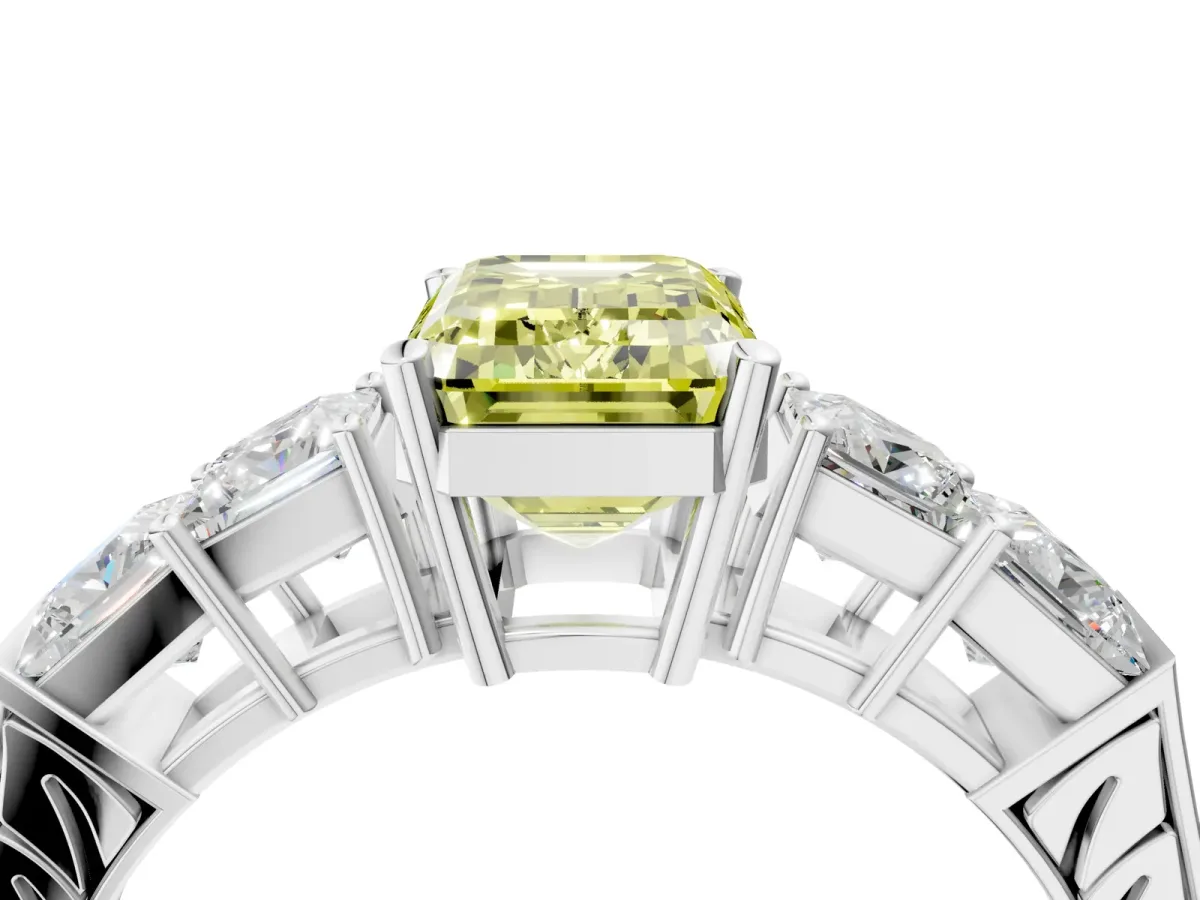 Fancy Yellow Emerald Cut Solitaire Princess Side Stone Engraved Band Prong Setting Ring Platinum