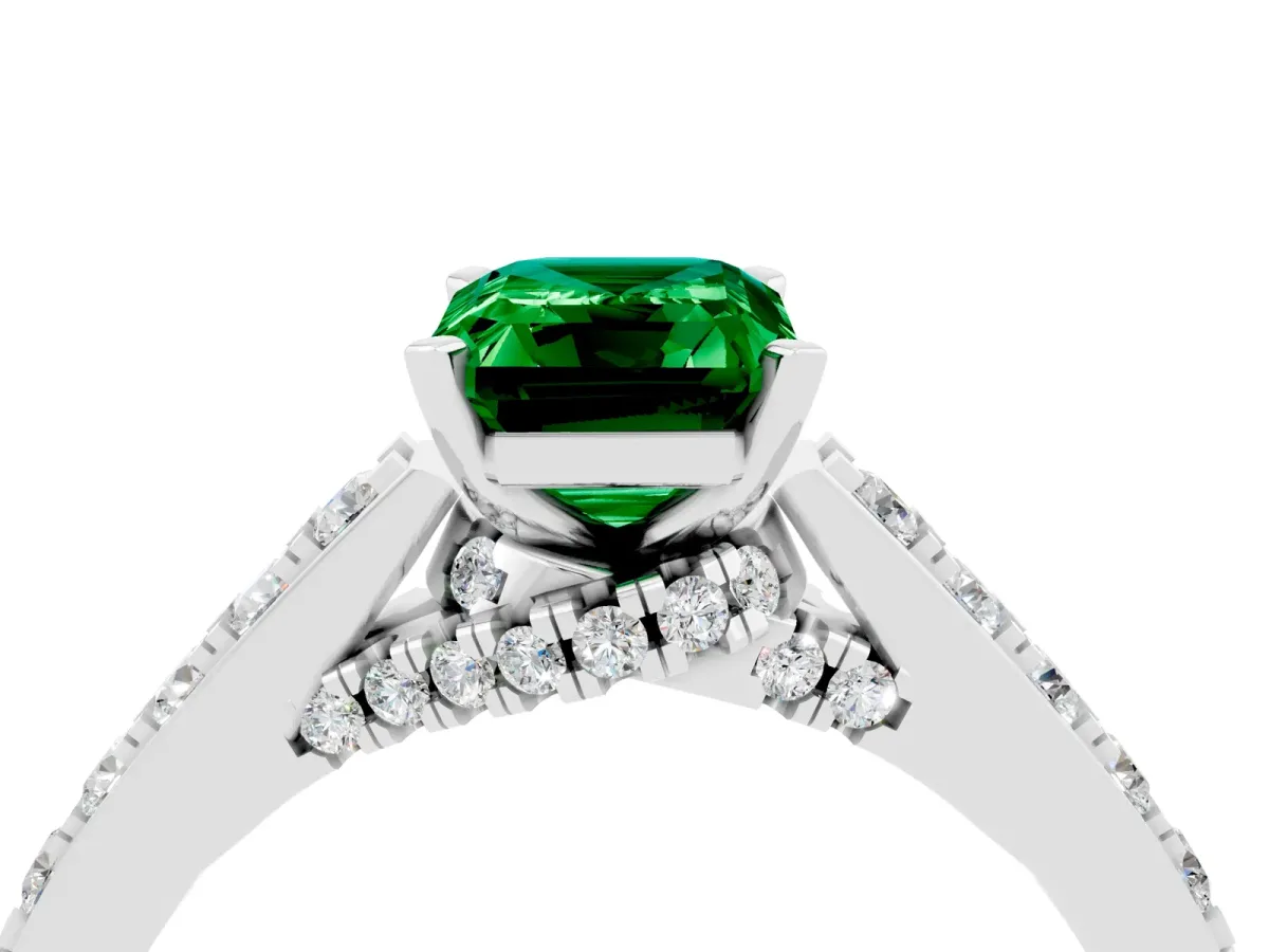 Emerald Cut Emerald Solitaire Ring with Crossover Gallery and Round Pavé Band Silver