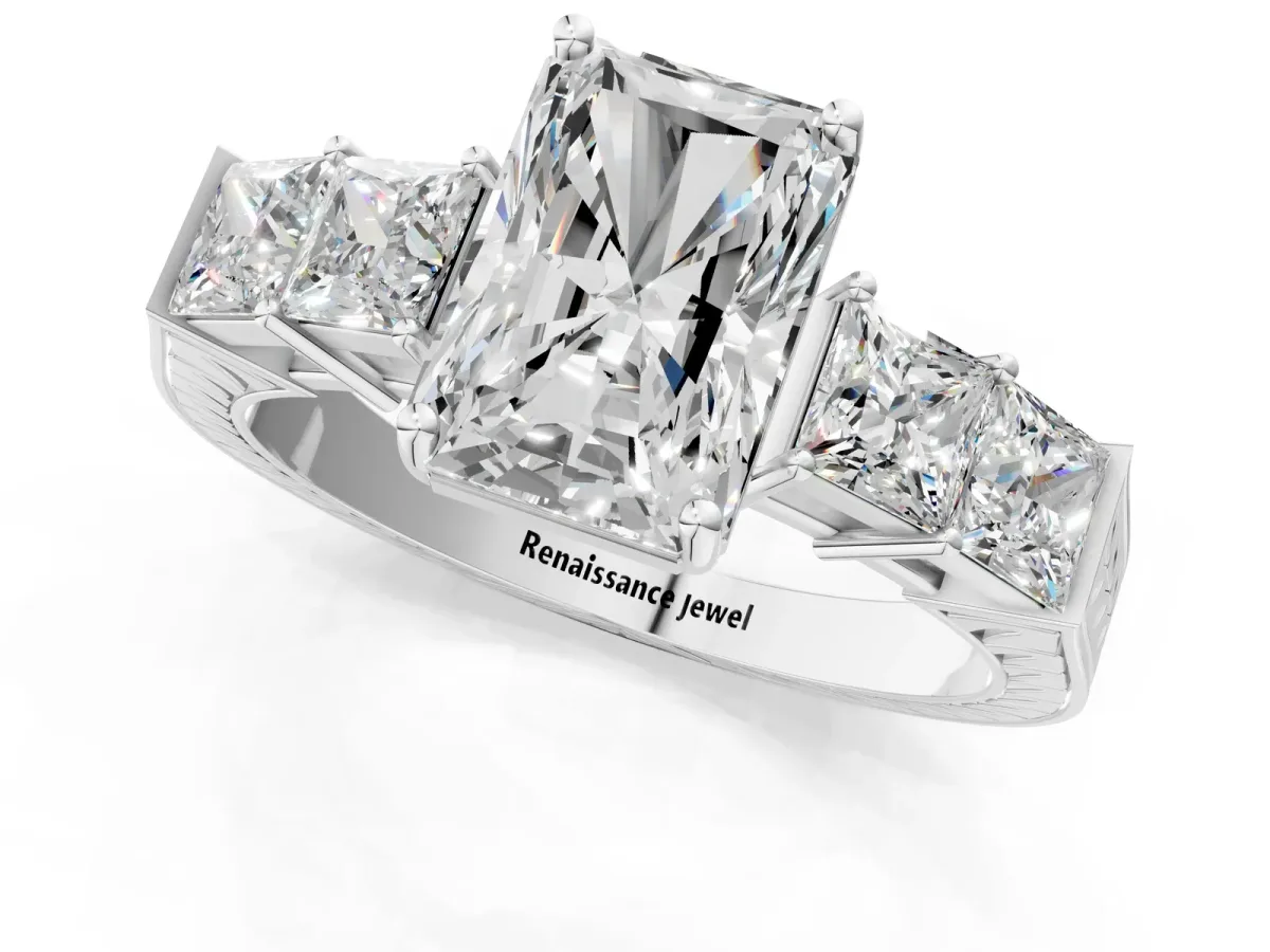 Radiant Cut Solitaire Princess Side Stone Engraved Band Prong Setting Ring Silver