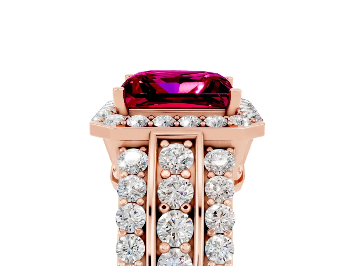 Princess Cut Halo Garnet Ring with Round Split Shank and Prong Setting Rose gold