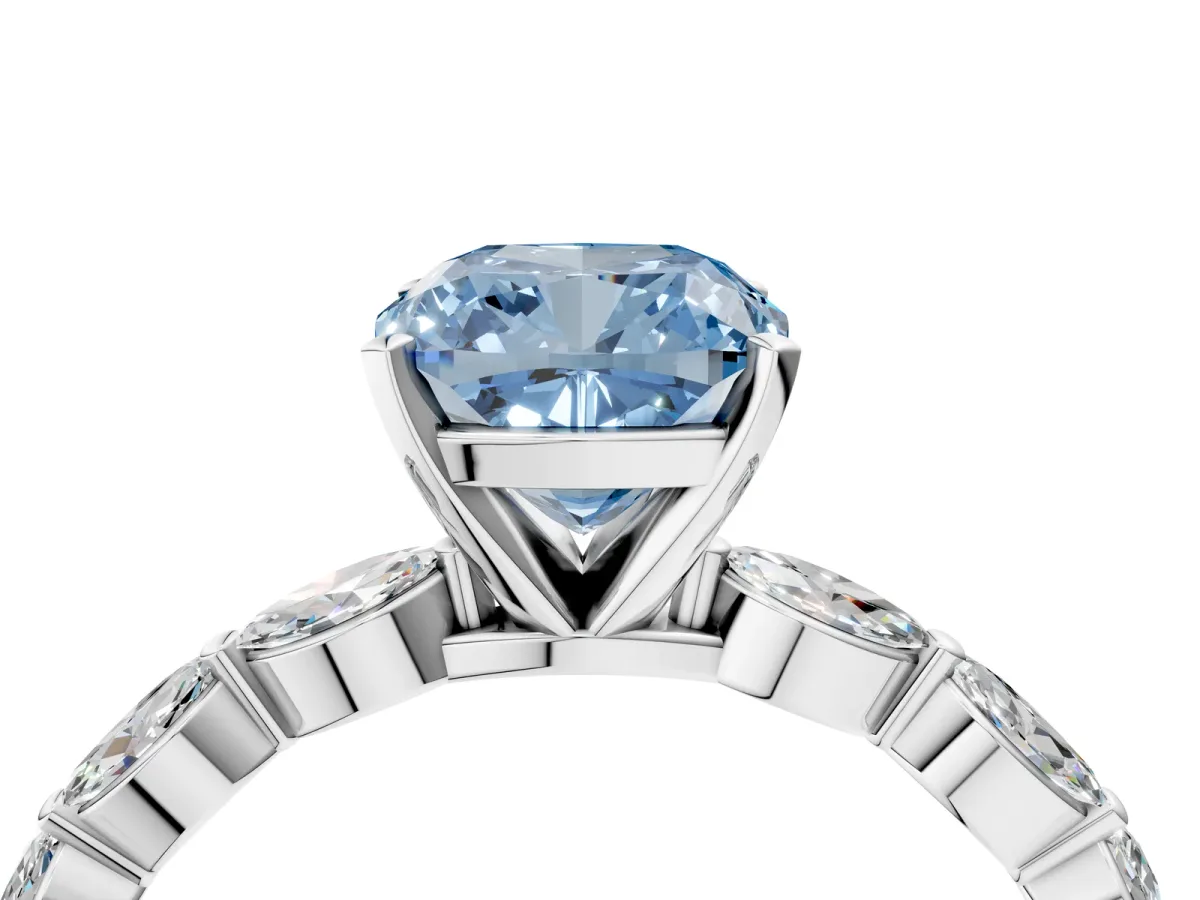 Fancy Blue Cushion Cut Diamond Ring with Marquise Side Stones and Prong Setting Platinum