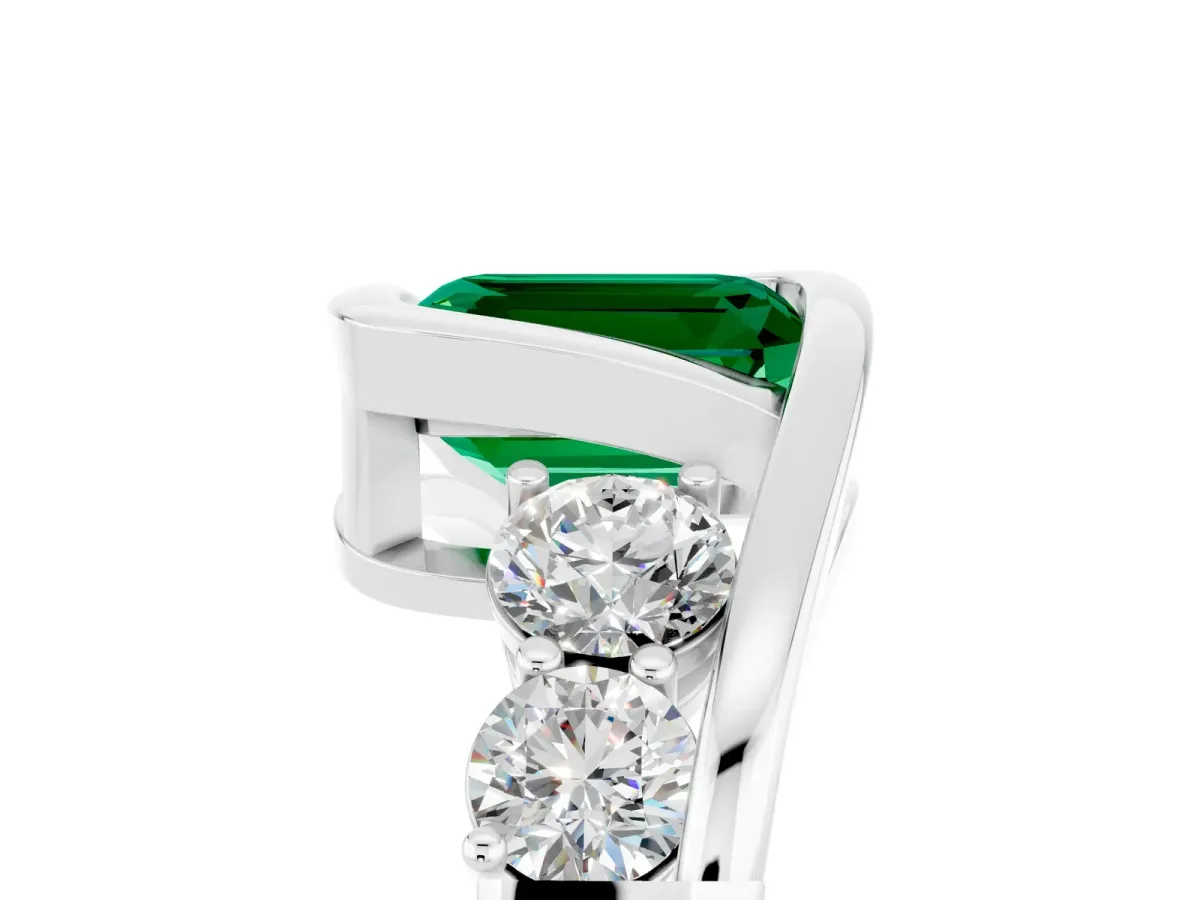 Bezel Set Emerald Cut Emerald Bypass Ring with Round Accents Platinum