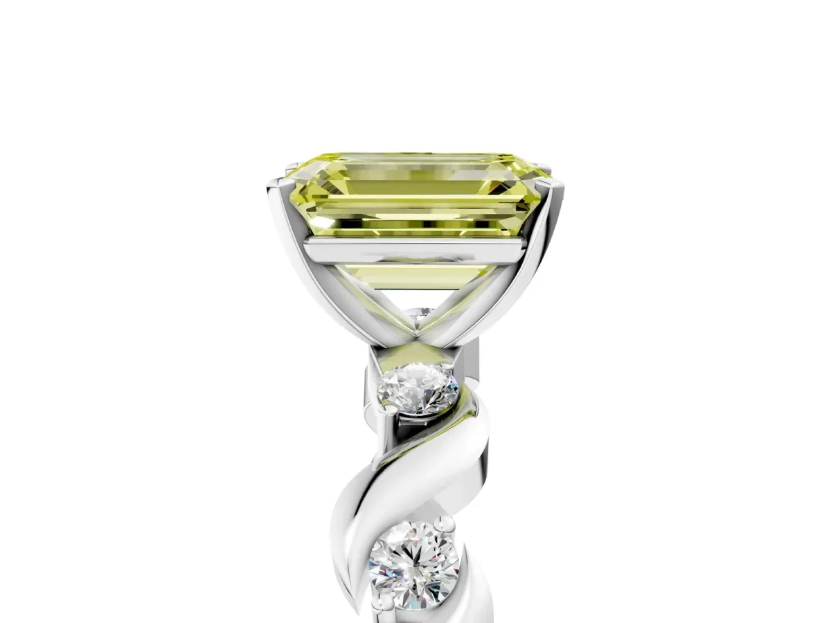 Fancy Yellow Emerald Cut Diamond Solitaire Twisted Band with Round Accents and Prong Setting Silver