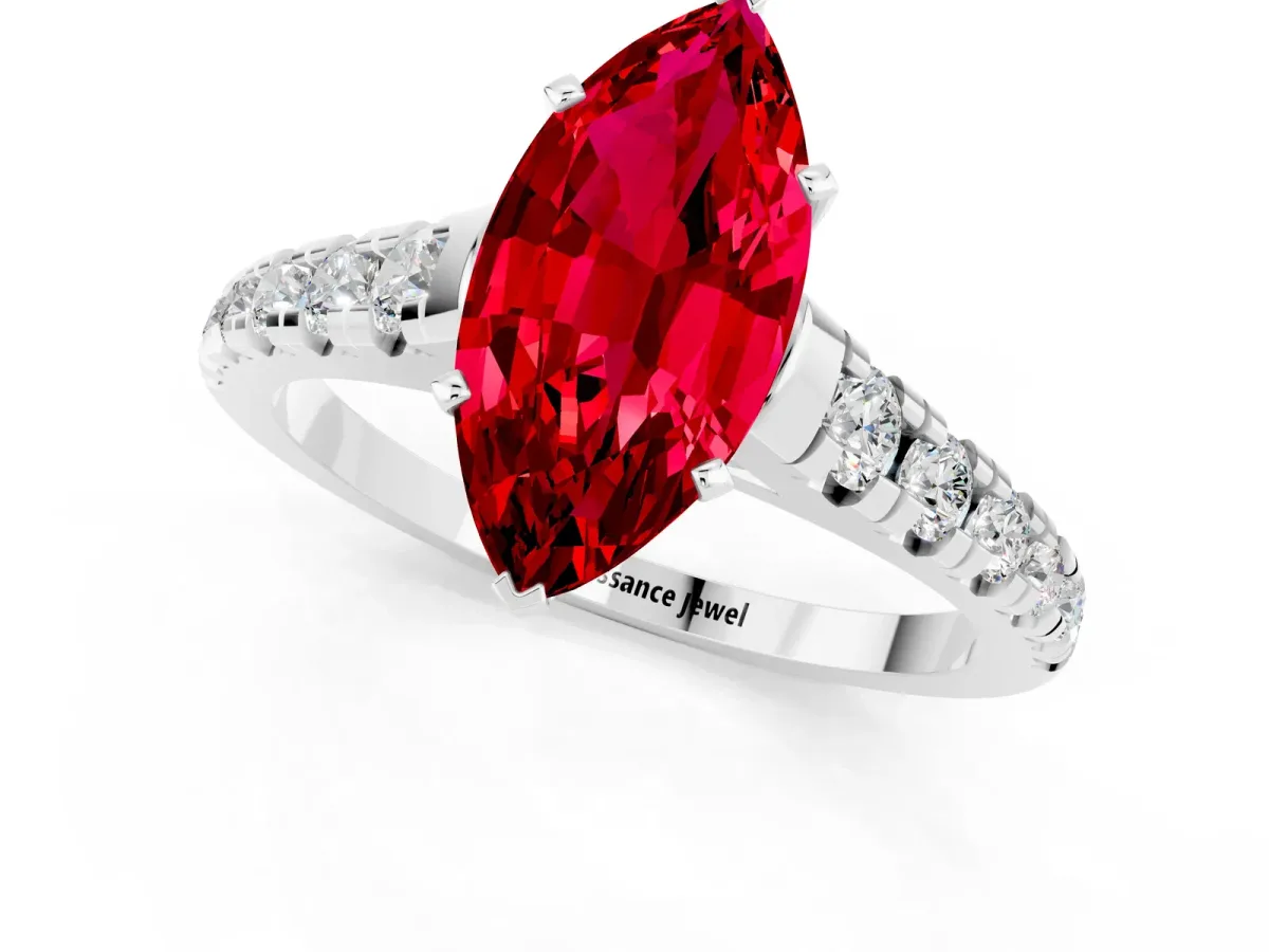 Marquise Cut Ruby Cathedral Solitaire Ring with Round Pavé Band Platinum