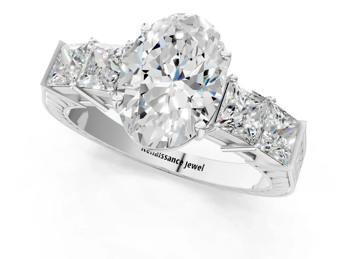 Oval Cut Solitaire Princess Side Stone Engraved Band Prong Setting Ring Silver