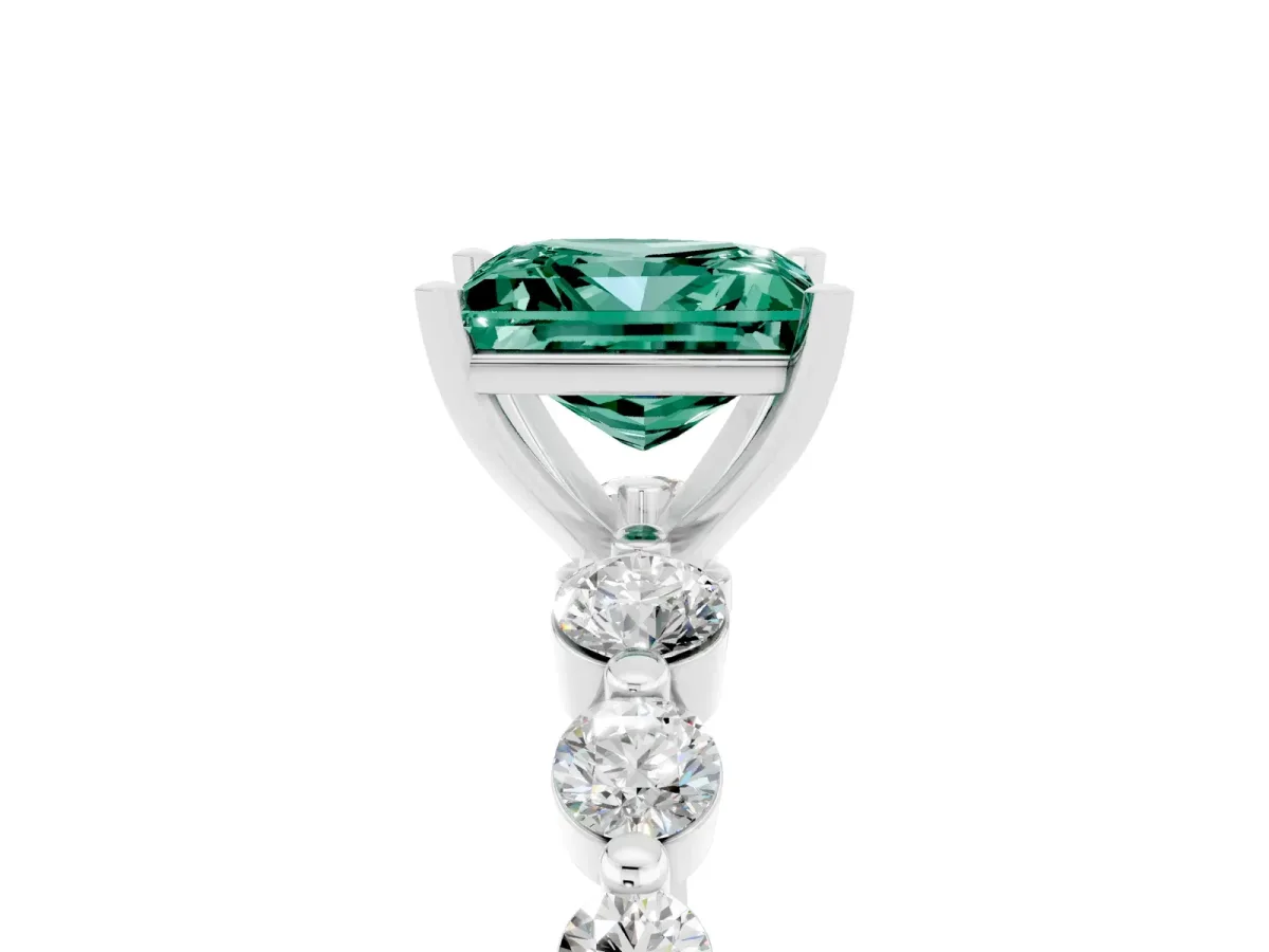Princess Cut Solitaire Green Sapphire Ring with Pave Band and Four-Prong Setting Silver