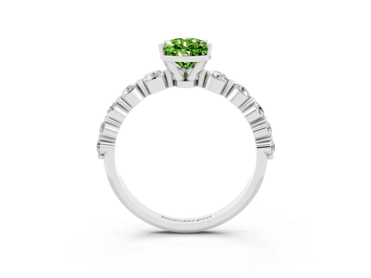 Pear Cut Solitaire Peridot Ring with Pave Band and Four-Prong Setting Platinum
