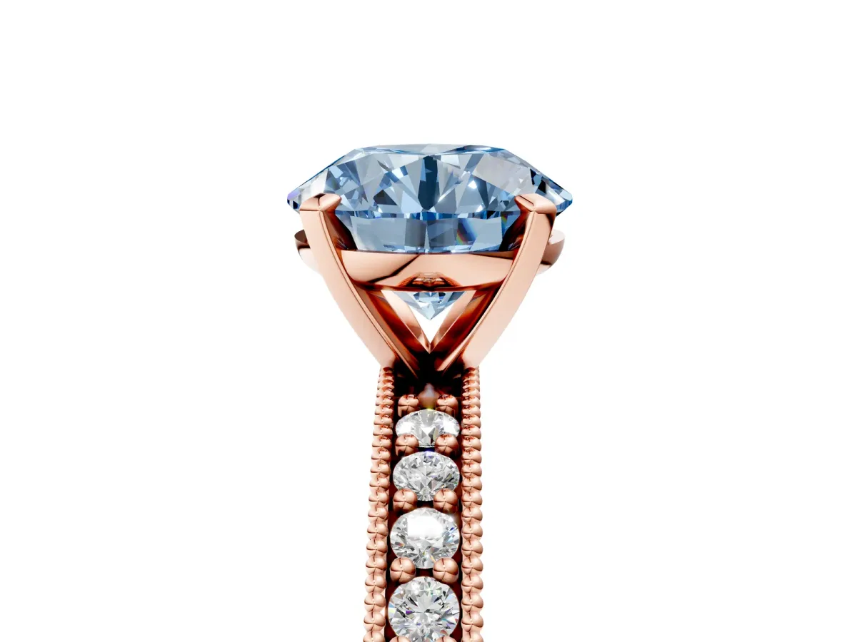 Fancy Blue Round Cut Diamond Milgrain Pavé Engagement Ring with Four-Prong Setting Rose gold