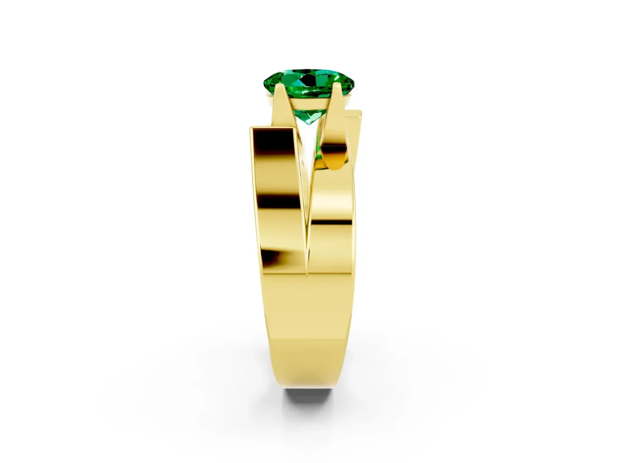 Modern Tension Set Round Cut Emerald Solitaire Wide Band Ring Yellow gold