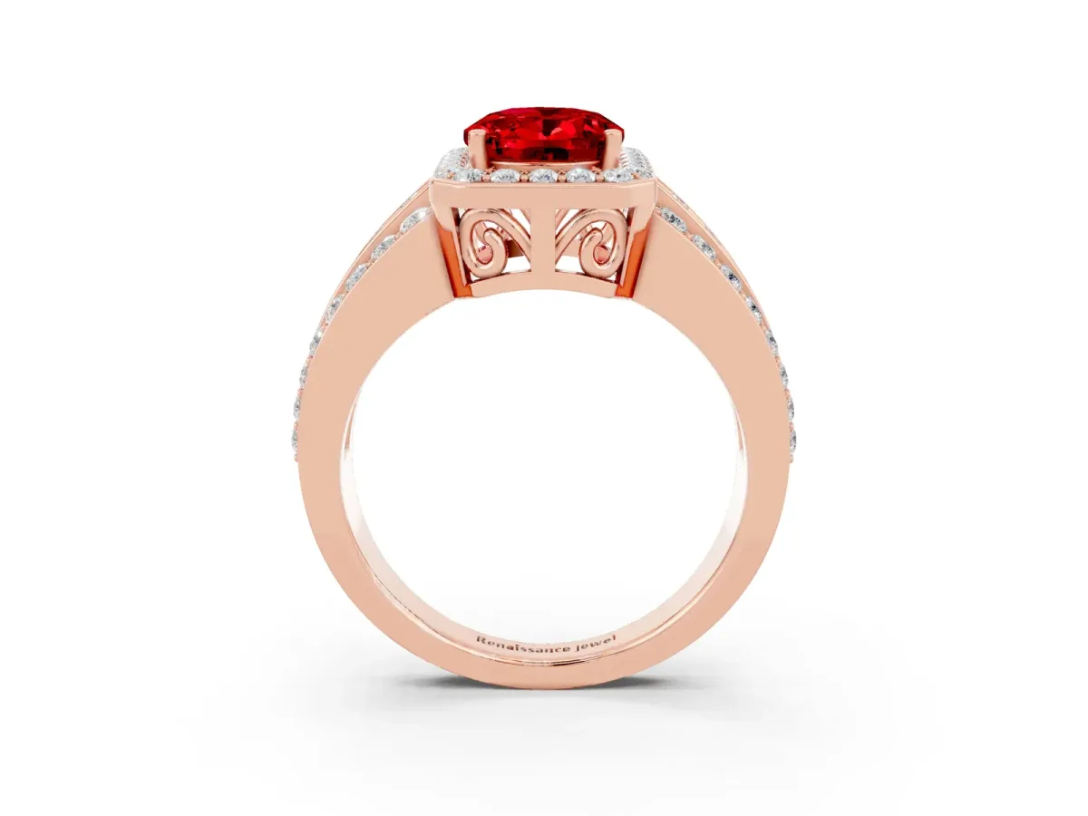 Oval Cut Halo Ruby Ring with Round Split Shank and Prong Setting Rose gold