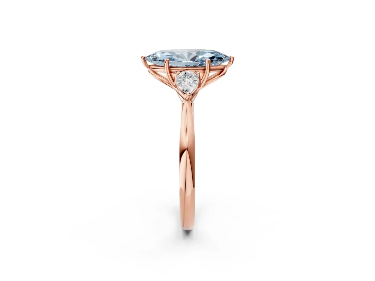 Fancy Blue Marquise Cut Diamond Three-Stone Ring with Pear Side Stones and Prong Setting Rose gold