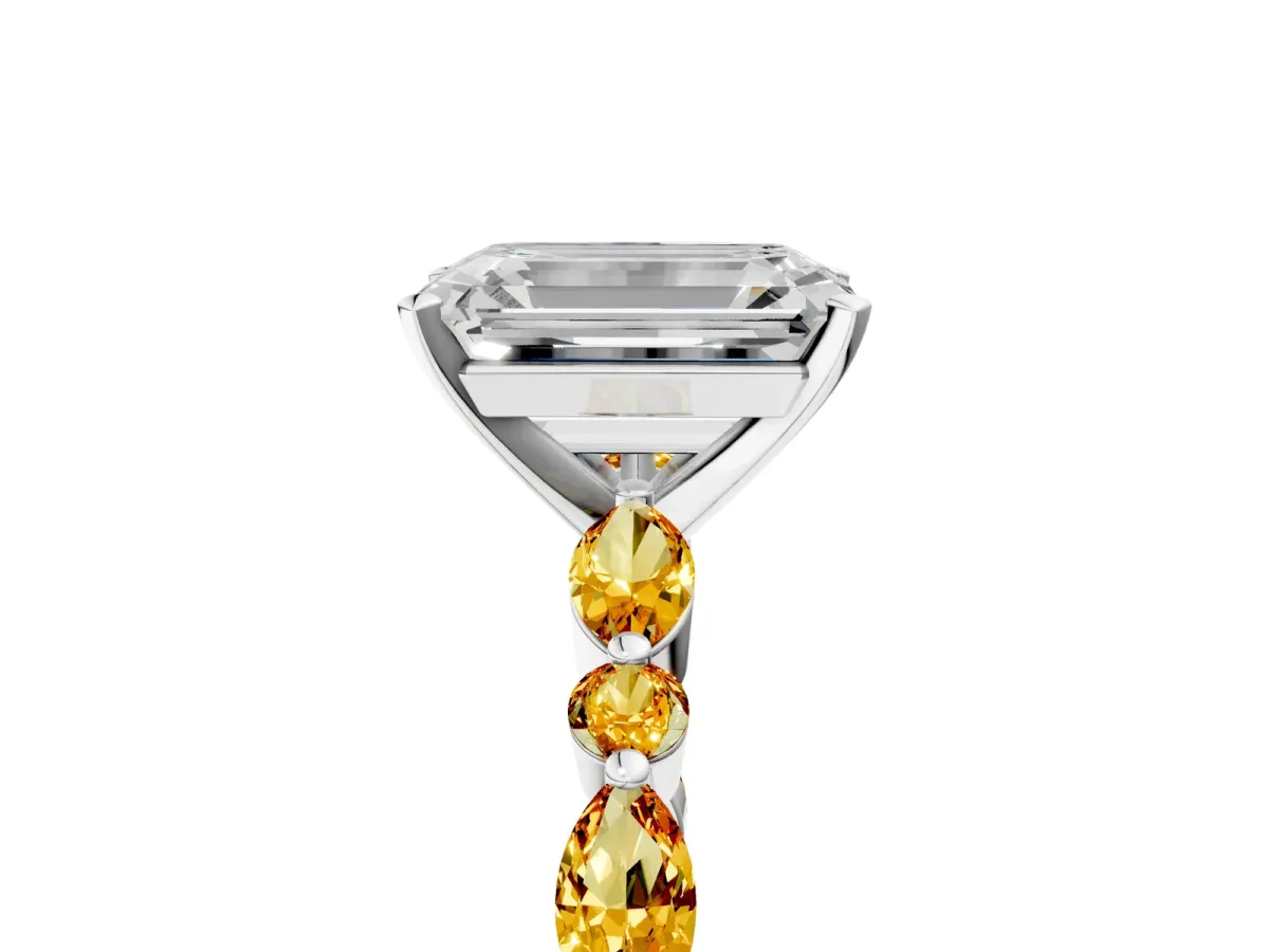 Emerald Cut Diamond Ring with Marquise and Round Citrine Side Stones and Four-Prong Setting Silver