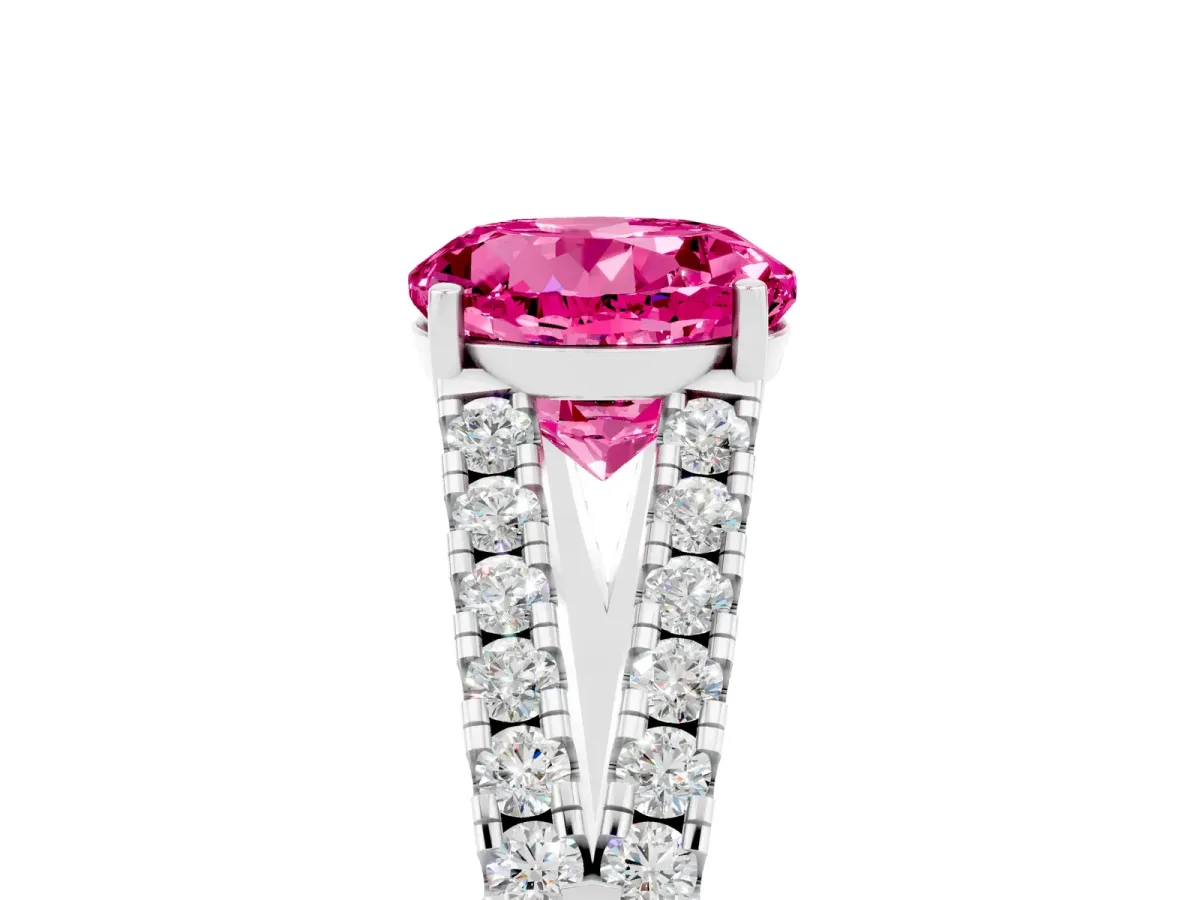 Round Cut Pink Sapphire Split Shank Engagement Ring with Round Pavé and Prong Setting Platinum