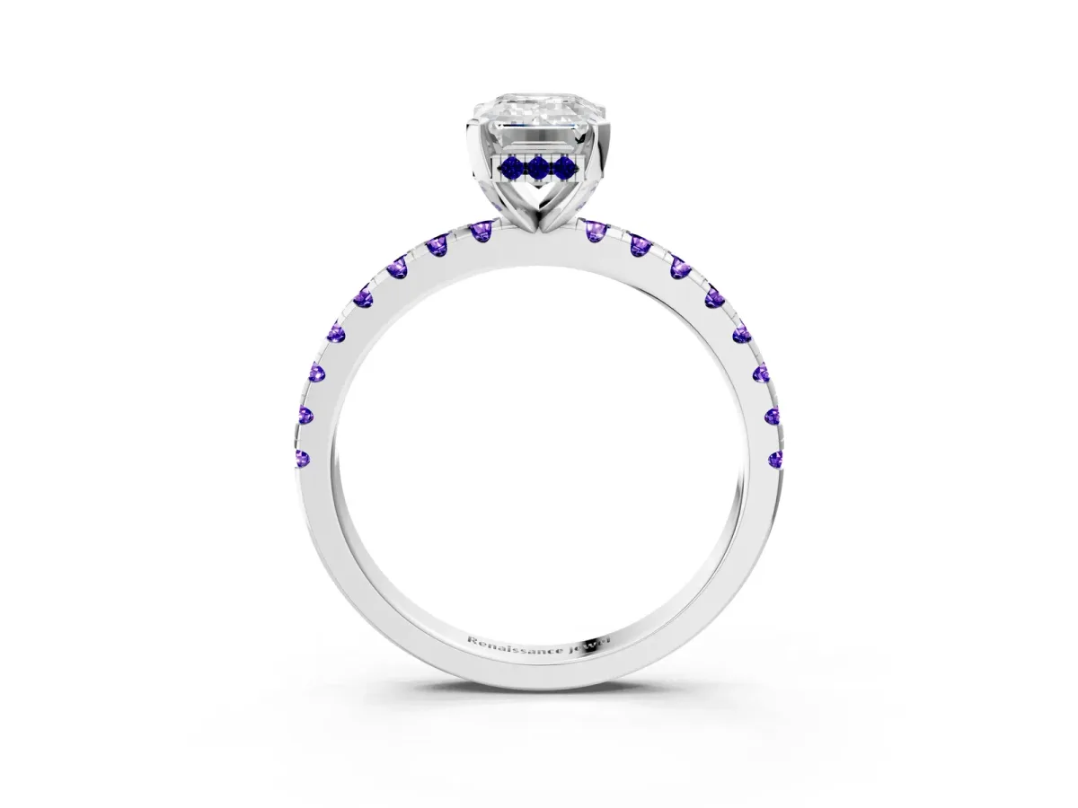 Emerald Cut Diamond Solitaire Ring with Round Tanzanite Pavé Band and Four-Prong Setting Silver