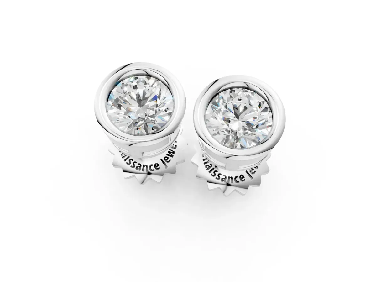 Bezel Set Round Diamond Stud Earrings White gold