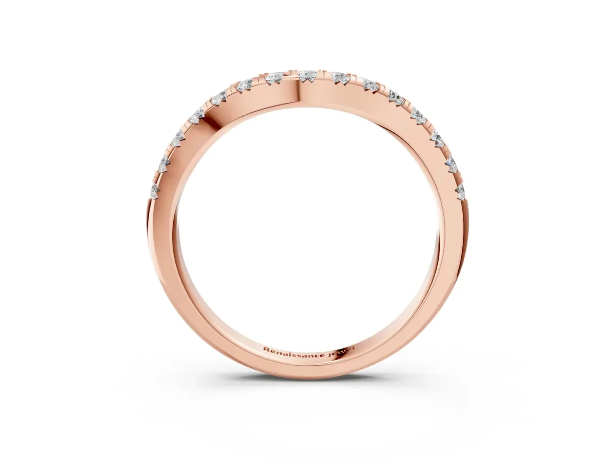 Round Diamond Curved Pavé Wedding Band with Shared Prong Setting Rose gold