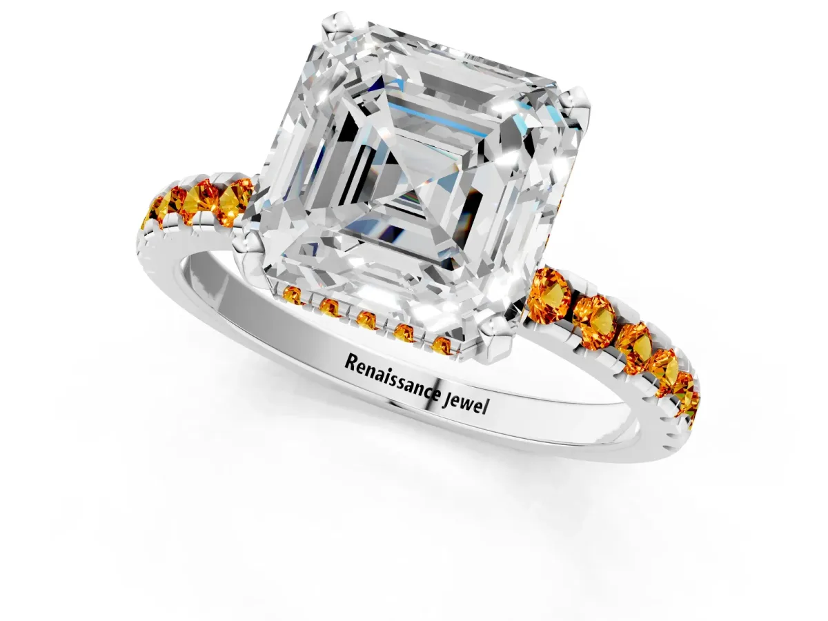 Asscher Cut Diamond Solitaire Ring with Round Citrine Pavé Band and Four-Prong Setting Silver