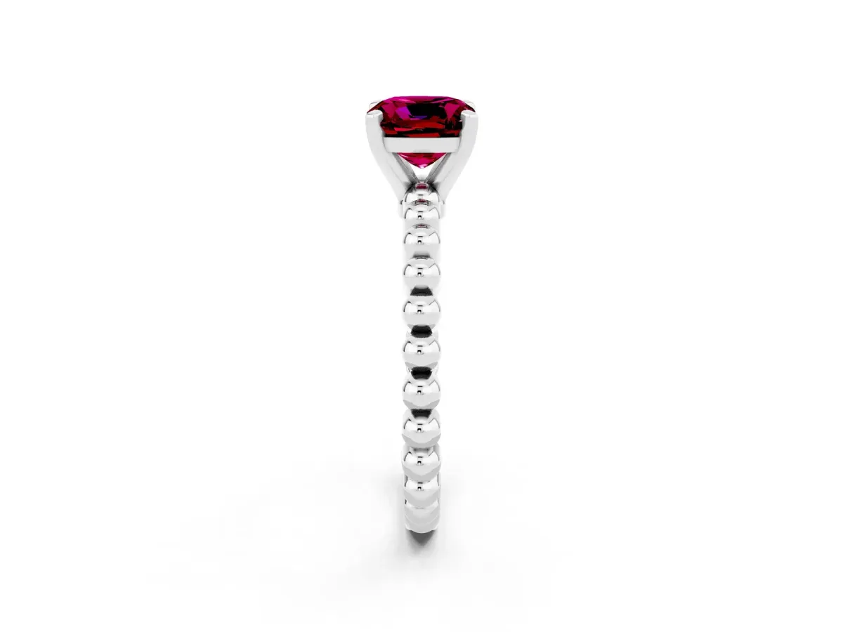 Cushion Cut Garnet Solitaire Ring with Beaded Band and Prong Setting Platinum