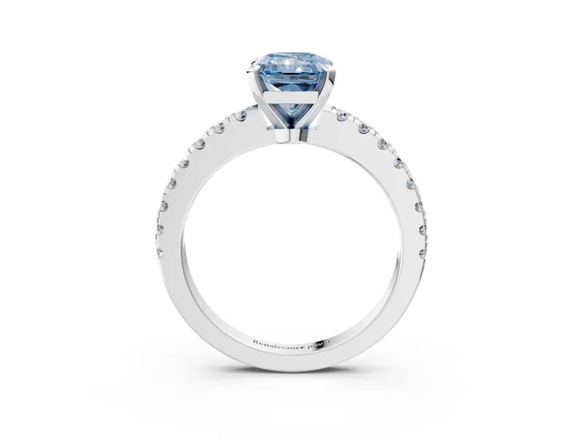 Fancy Blue Radiant Cut Solitaire Diamond with Pavé Band and Four-Prong Setting Silver