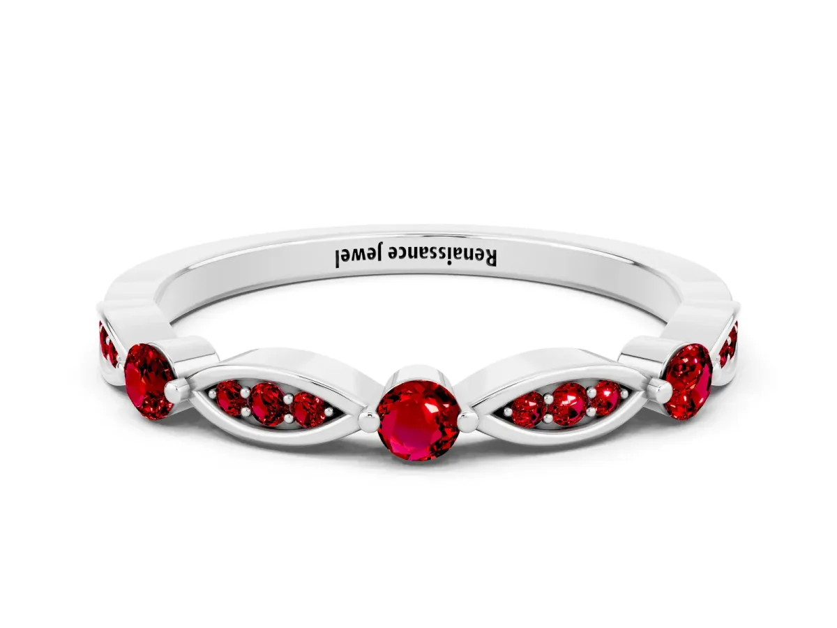 Marquise and Round Ruby Milgrain Band with Bezel Setting White gold