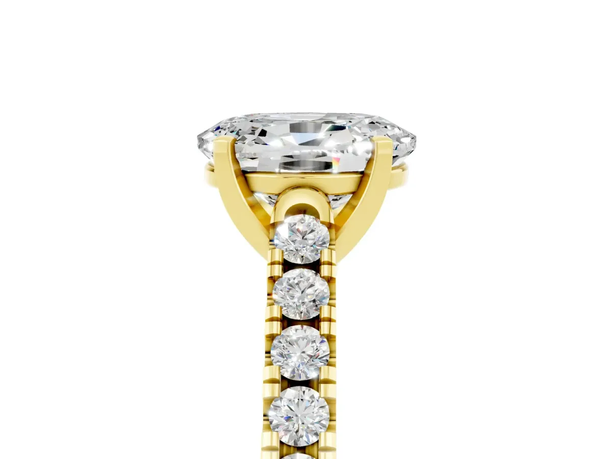 Oval Cut Moissanite Pavé Band Solitaire Ring with Prong Setting Yellow gold