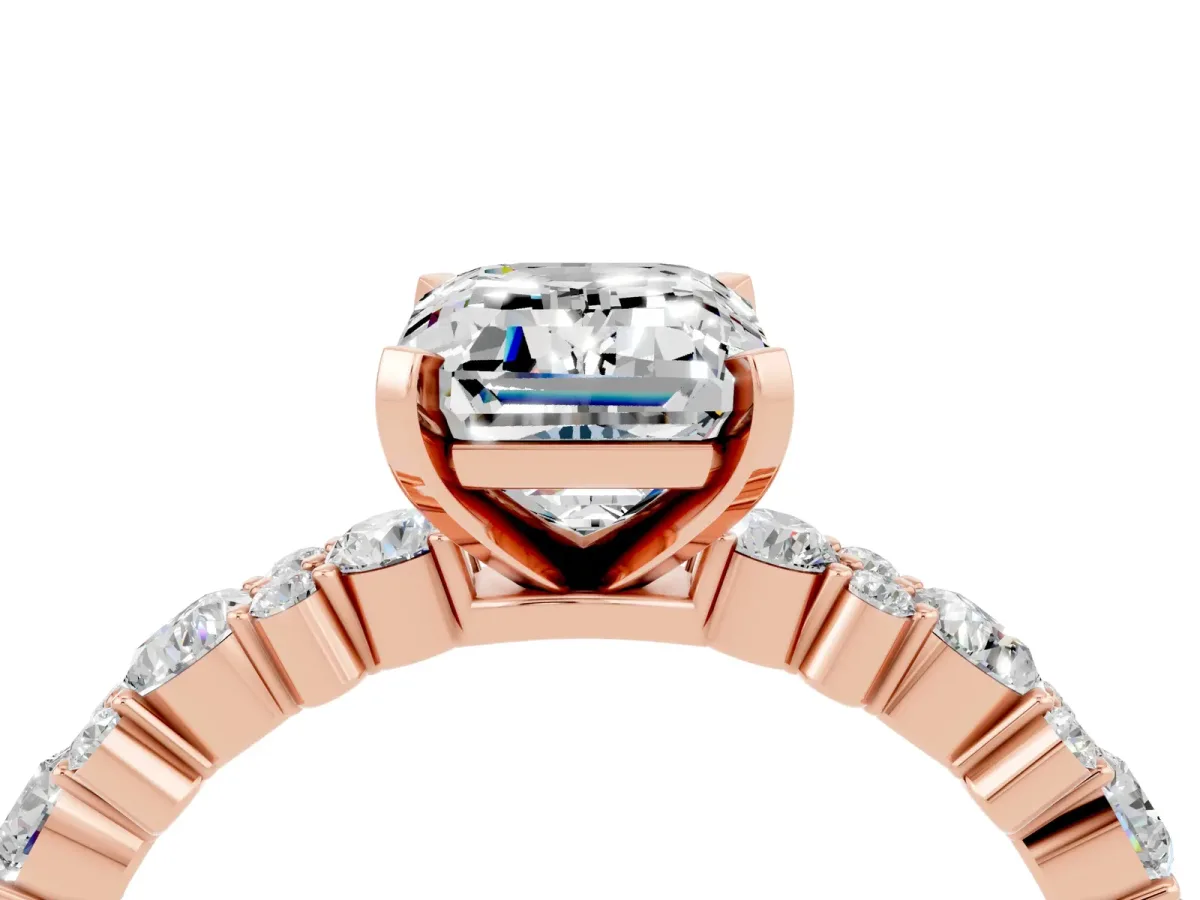 Emerald Cut Moissanite Side Stone Solitaire Ring with Round and Four-Prong Setting Rose gold
