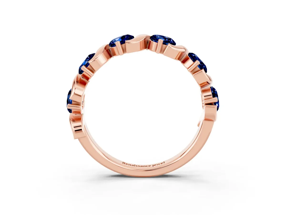 Six-Stone Round Blue Sapphire Wave Band with Shared Prong Setting Rose gold