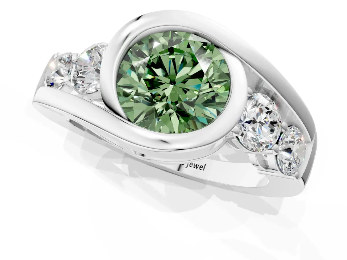 Fancy Green Bezel Set Round Cut Diamond Bypass Ring with Round Accents Platinum