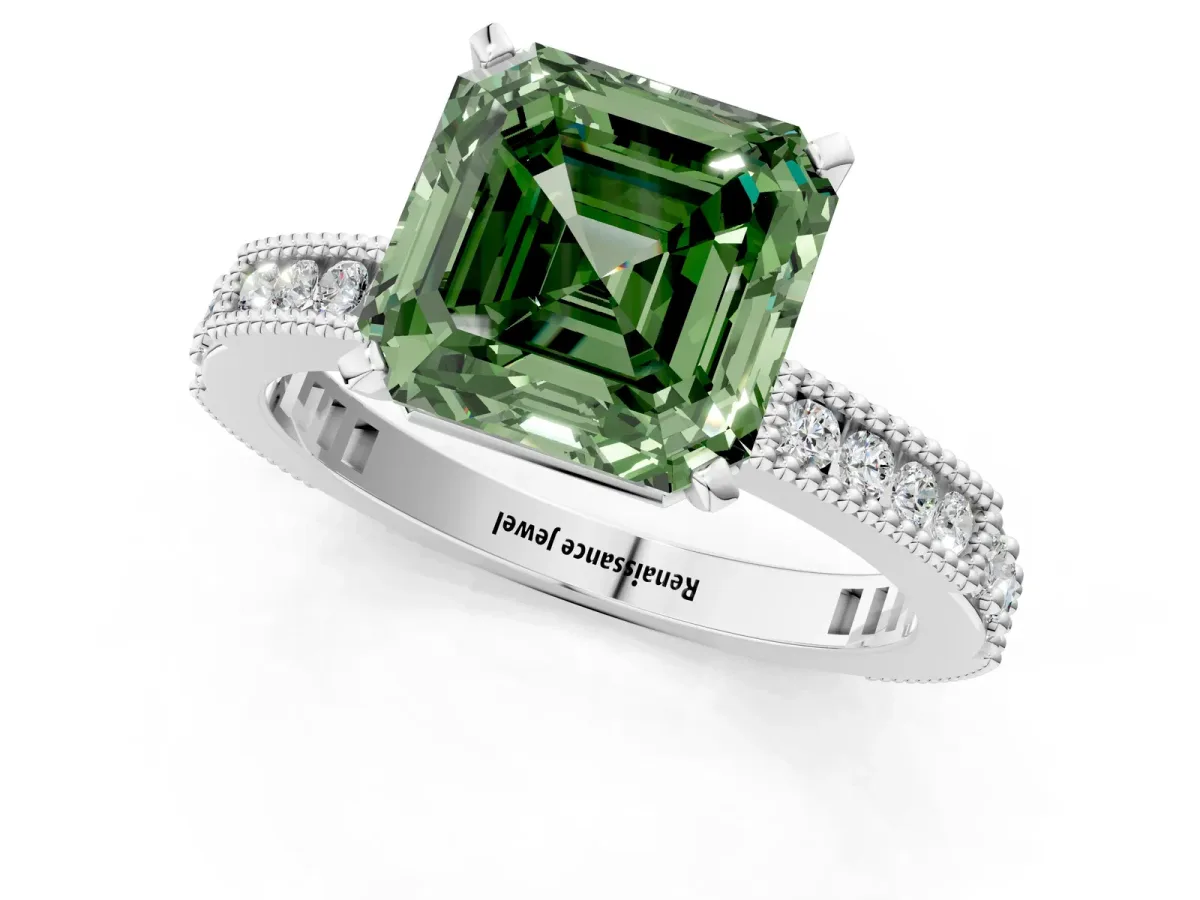 Fancy Green Asscher Cut Solitaire with Pavé Band and Four-Prong Setting Silver