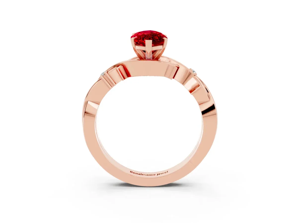 Marquise Cut Ruby Solitaire Ring with Milgrain Pavé Band and Four-Prong Setting Rose gold