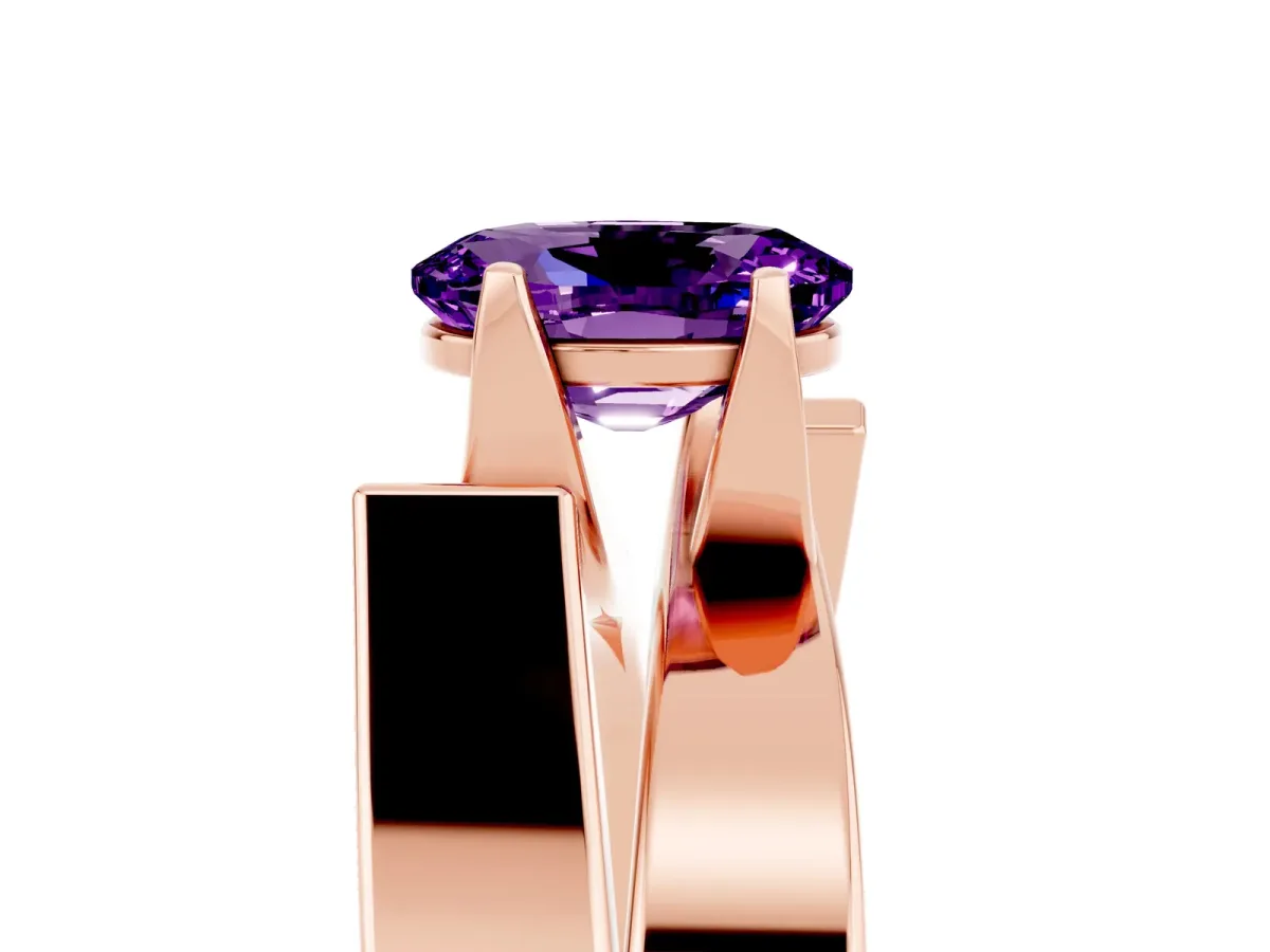 Modern Tension Set Oval Cut Amethyst Solitaire Wide Band Ring Rose gold