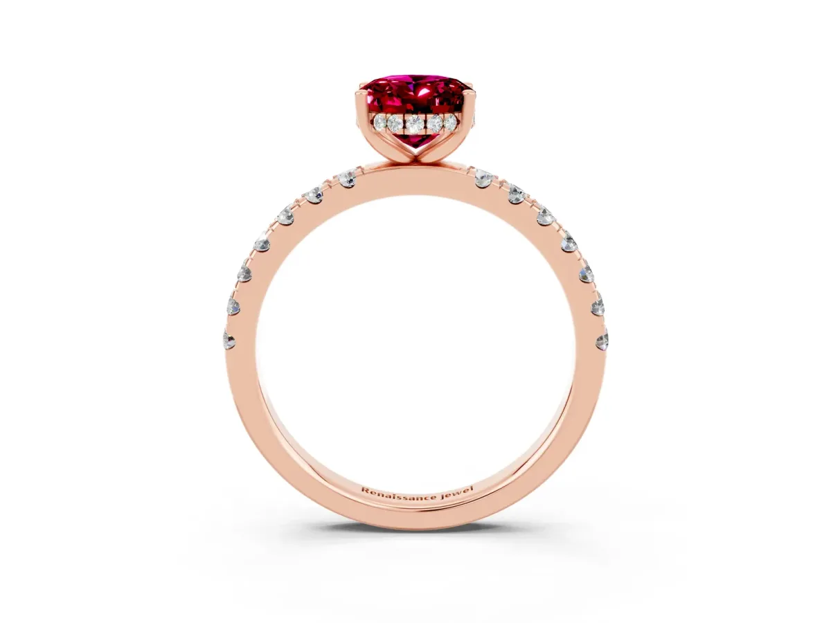 Oval Cut Garnet Pave Band Solitaire Ring with Round and Prong Setting Rose gold
