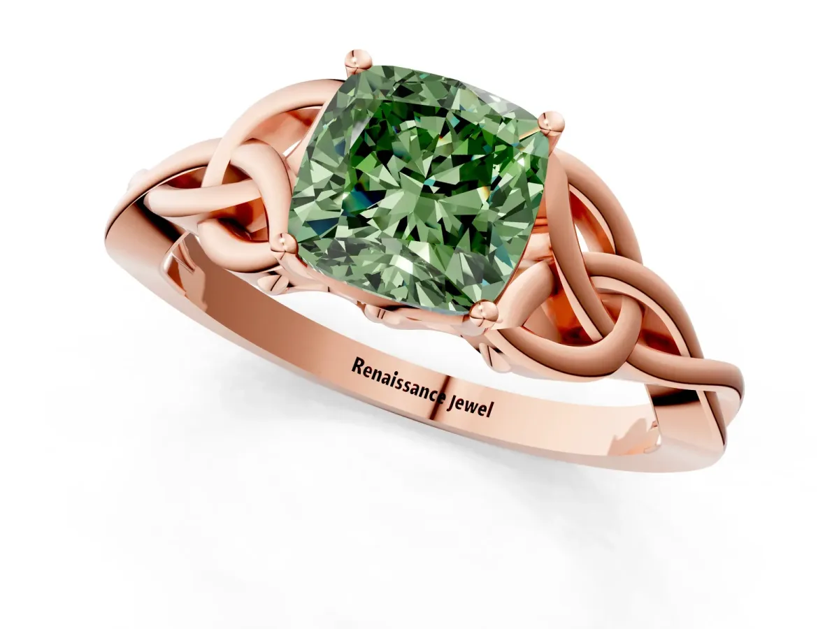 Fancy Green Cushion Cut Diamond Solitaire Celtic Knot Ring with Four-Prong Setting Rose gold