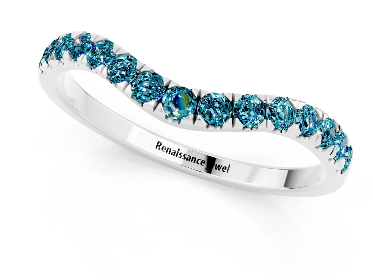 Curved Pavé Round Blue Topaz Wedding Band with Shared Prong Setting Silver